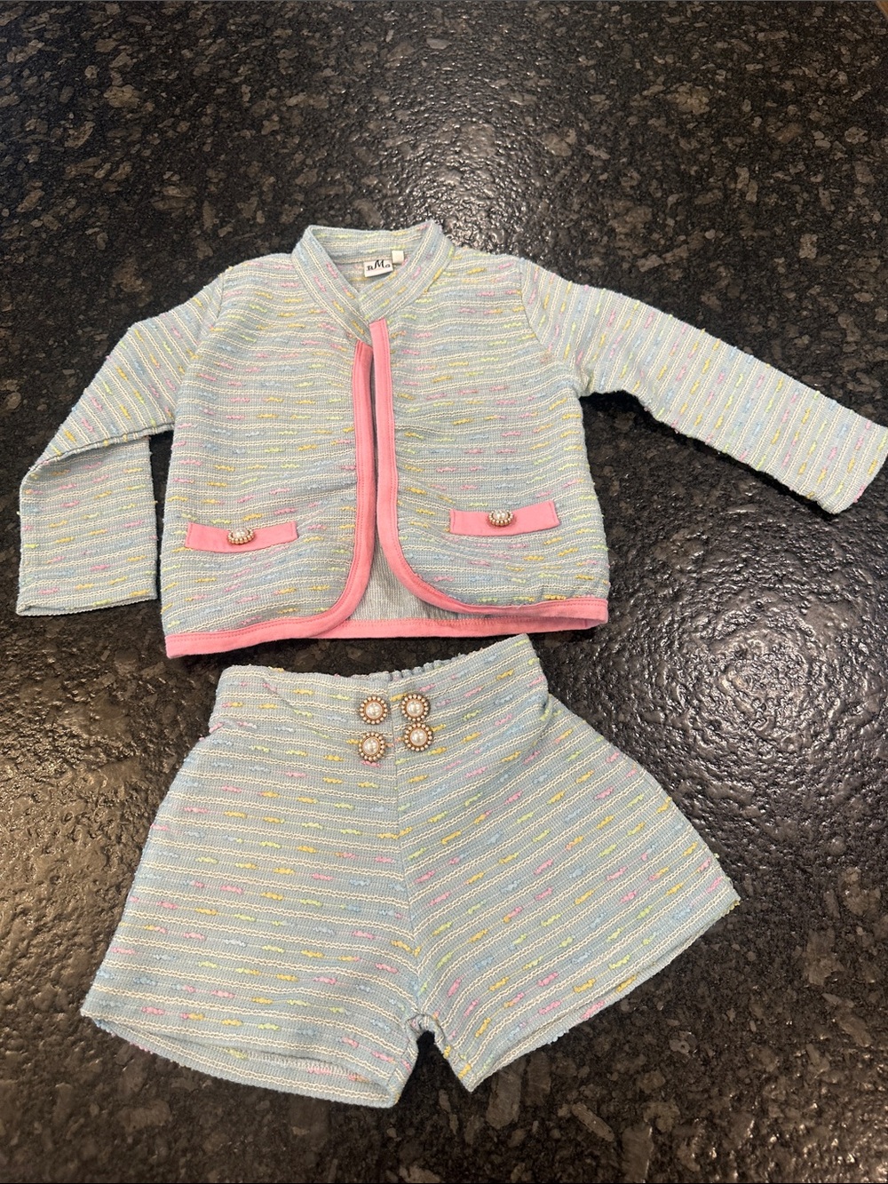 Mia Belle Girls Admired Tweed Matching Blazer Shorts Set Pastel Blue Pink 4T/5T